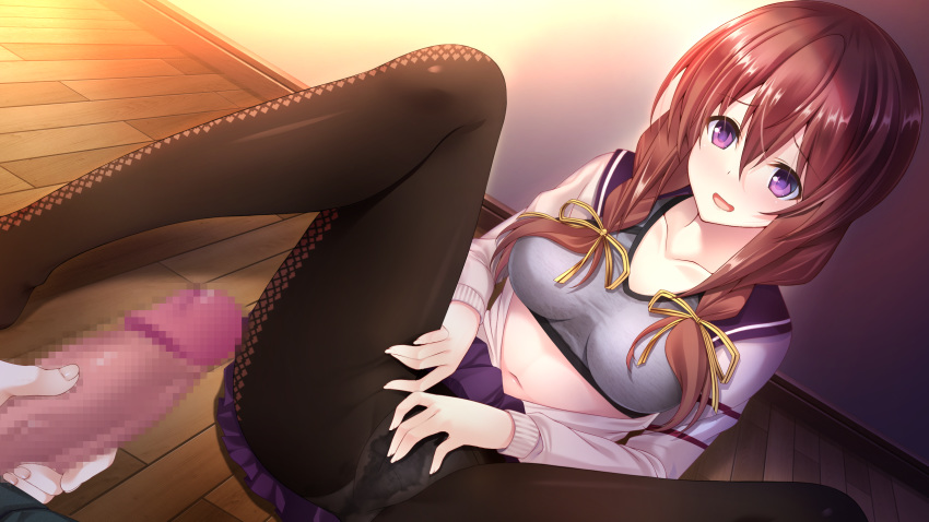 blush bra breasts brown_hair bug_system censored game_cg haze_man_-_the_local_hero_- kyou_(kurifuto) long_hair masturbation navel panties pantyhose penis purple_eyes skirt spread_legs twintails underwear yufanuries