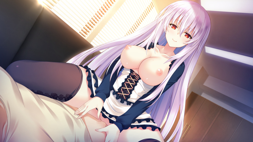 breasts bug_system censored farah_perellies game_cg haze_man_-_the_local_hero_- kyou_(kurifuto) long_hair nipples no_bra nopan open_shirt penis red_eyes seifuku sex skirt spread_legs thighhighs white_hair