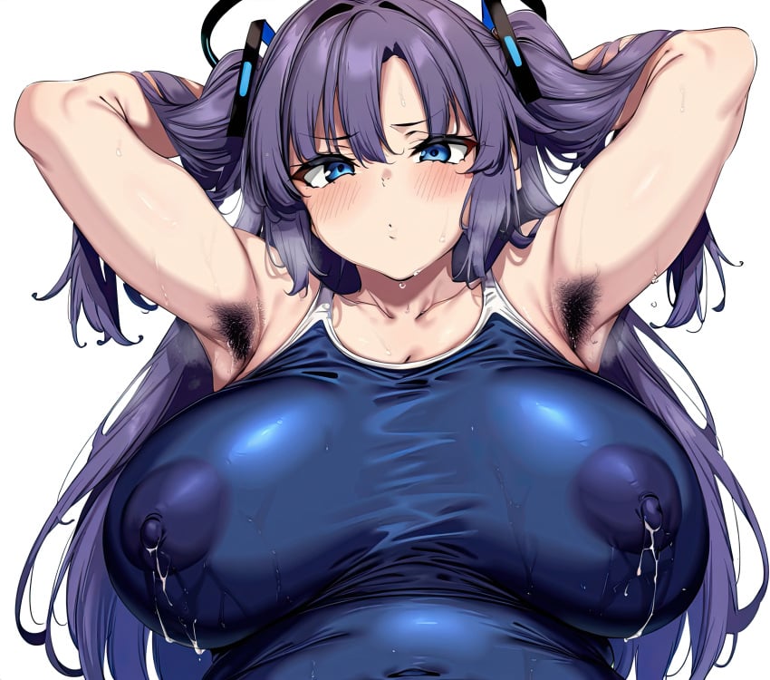 1girls ai_generated big_breasts blue_archive blue_eyes breasts deepjungle female female_focus large_breasts light-skinned_female plump purple_hair swimsuit thick_thighs thighs twintails yuuka_(blue_archive)