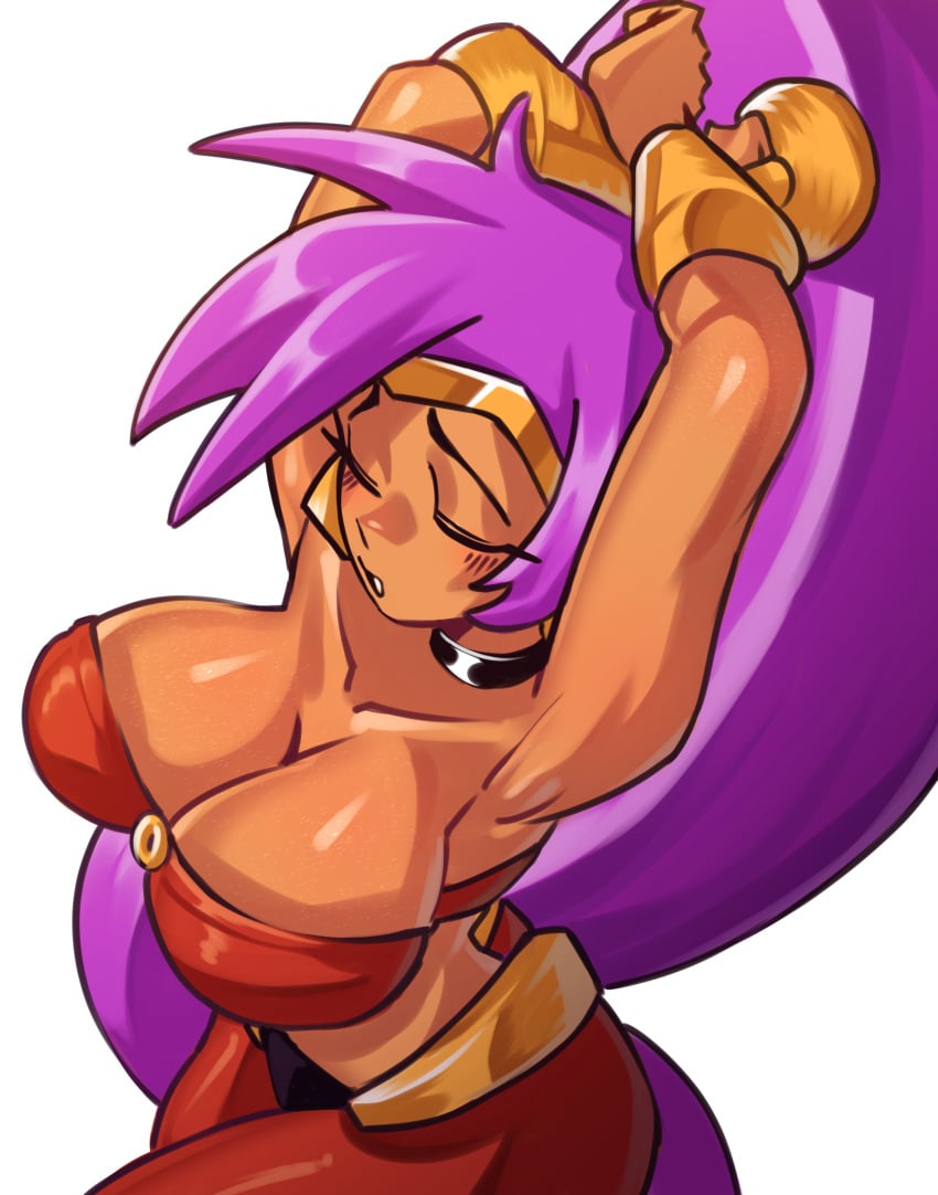 2024 arms_up blush breasts brown_body brown_skin cleavage closed_eyes female female_focus female_only long_hair moxydrawsmore purple_hair shantae shantae_(character) tied_hair wayforward white_background