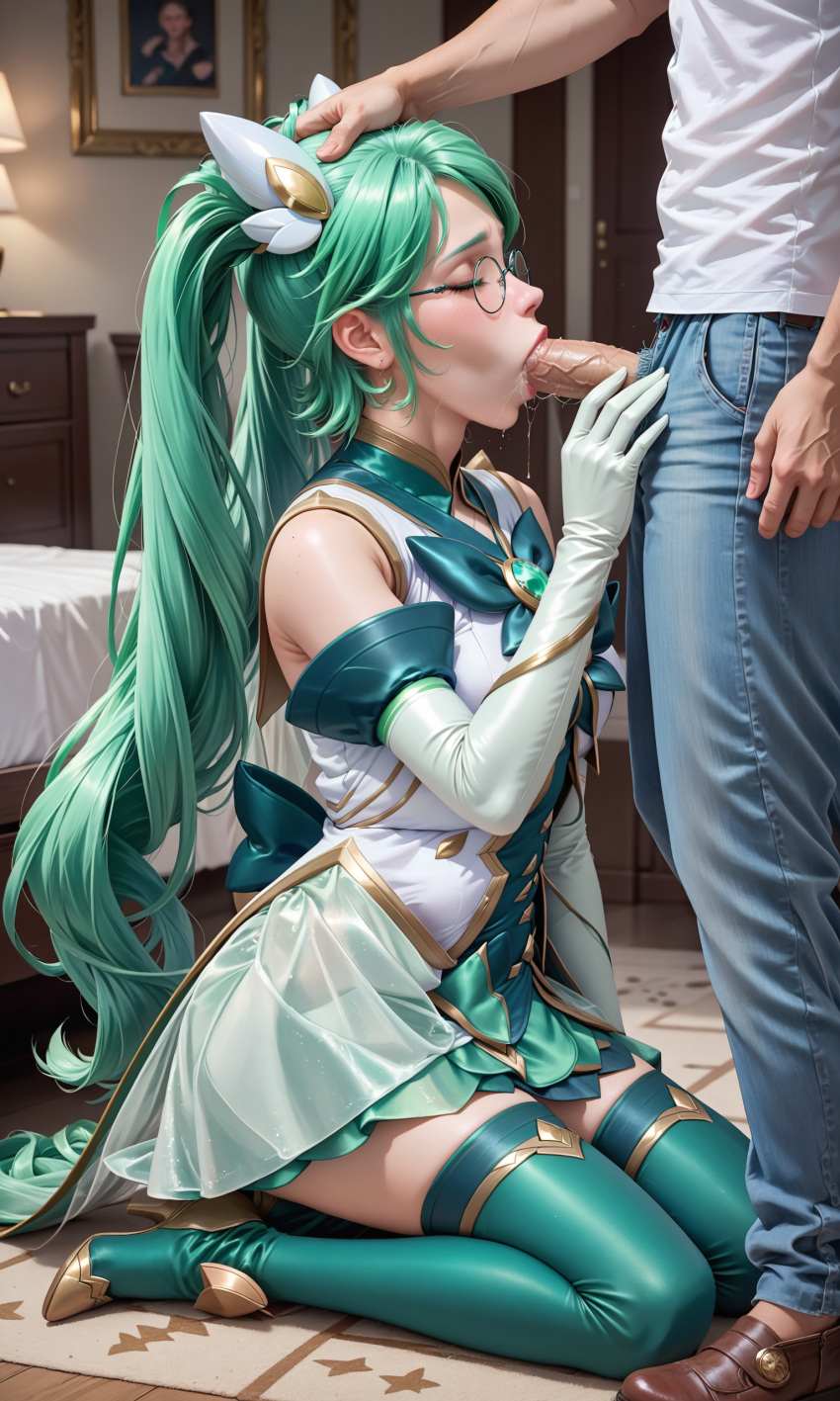 ai_generated blowjob elbow_gloves erect_penis glasses green_eyes green_hair kneeling league_of_legends riot_games skirt sona_buvelle star_guardian_series star_guardian_sona thighhighs