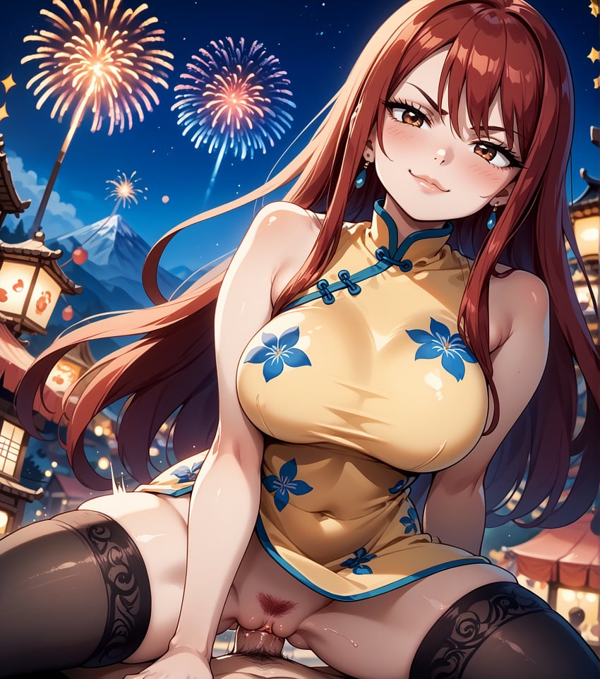 ai_generated china_dress cowgirl_position erza_scarlet fairy_tail fireworks large_breasts looking_at_viewer payop pony_diffusion_xl pov pussy stockings vaginal_penetration vaginal_sex