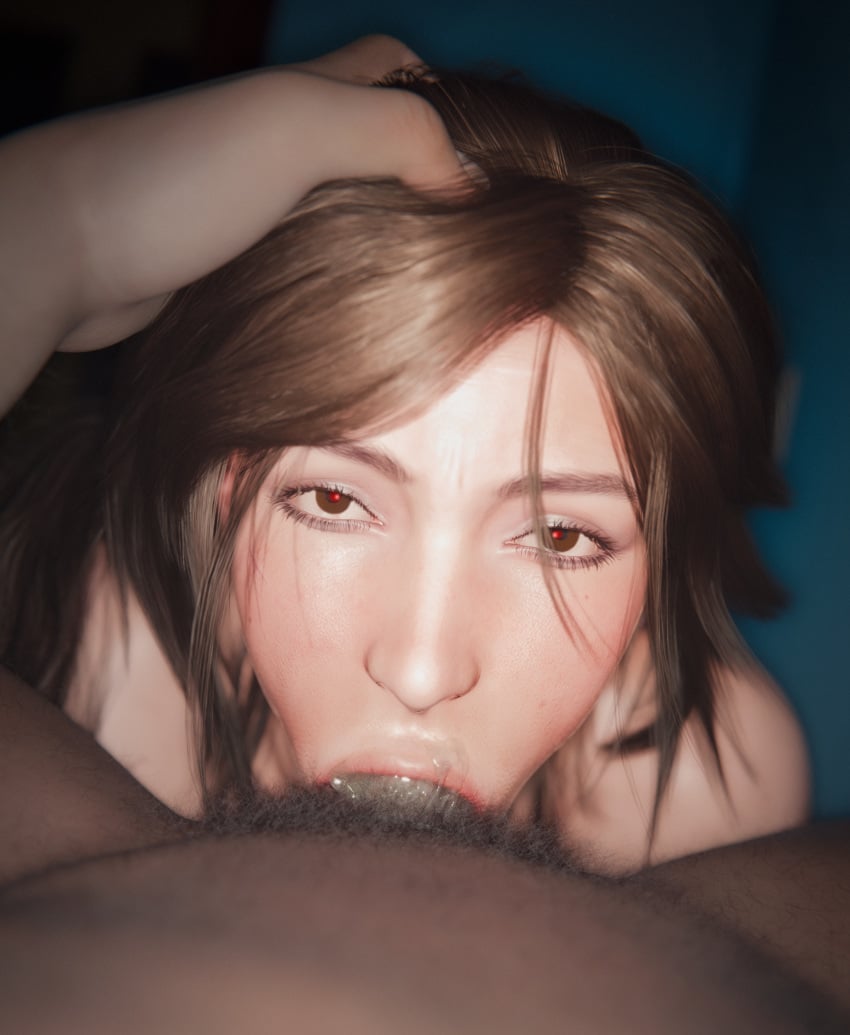 1boy 1girls 3d 3d_(artwork) all_the_way_to_the_base blender blowjob brown_eyes brown_hair cum cum_in_mouth dark-skinned_male deepthroat hand_on_head highres lara_croft light-skinned_female looking_at_viewer oscillator penis pov pov_eye_contact pubic_hair red-eye_effect red_eyes saliva tagme tomb_raider