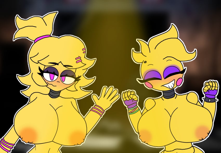 big_breasts blushed bracelet breasts_bigger_than_head chiku chiku_(cryptia) female female_only five_nights_at_freddy&#039;s hyper_breasts looking_at_viewer medium_hair naked nipples nude purple_eyes purple_gloves short_hair smiling toy_chica_(eroticphobia) toy_chica_(fnaf) verdoshonsfw waving yellow_hair yellow_skin