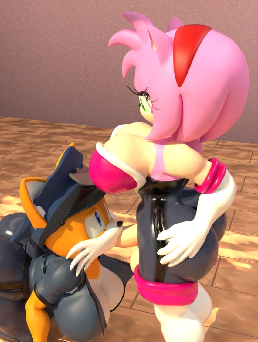 1futa 1girl 3d amy_rose amy_the_bat big_breasts blowjob bodysuit bubble_ass bubble_butt cock_and_balls furry furry_female furry_only futanari genderswap_(mtf) mukir neckline police_uniform rouge_the_bat_(cosplay) sonic_(series) sonic_the_hedgehog_(series) spandex_suit tailsko yellow-skinned_female