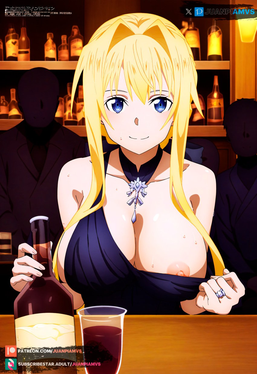 ai_generated alice_schuberg bar bare_chest big_breasts black_dress blonde_hair blue_eyes collar dinner drinking elegant elegant_dress female juanpiamvs long_hair looking_at_viewer nipples patreon patreon_username public ring showing_breasts sitting smiling subscribestar subscribestar_username sword_art_online tied_hair watermark wine