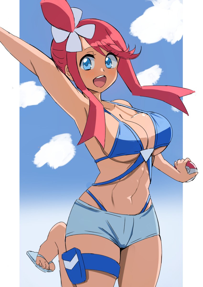 1girls 2024_pokemon_teraleak :d abs absurdres arm_up armpits bikini bikini_under_shorts blue_footwear blue_shirt blue_sky blush breasts cleavage cloud commentary_request creatures_(company) ereka female flip-flops game_freak highleg highleg_bikini highres holding holding_poke_ball large_breasts latina leg_up multi-strapped_bikini_top navel nintendo open_mouth pillarboxed poke_ball poke_ball_(basic) pokemon pokemon_bw red_hair sandals shirt short_hair_with_long_locks side_ponytail sky skyla_(pokemon) smile solo stomach swimsuit teeth thigh_strap upper_teeth_only