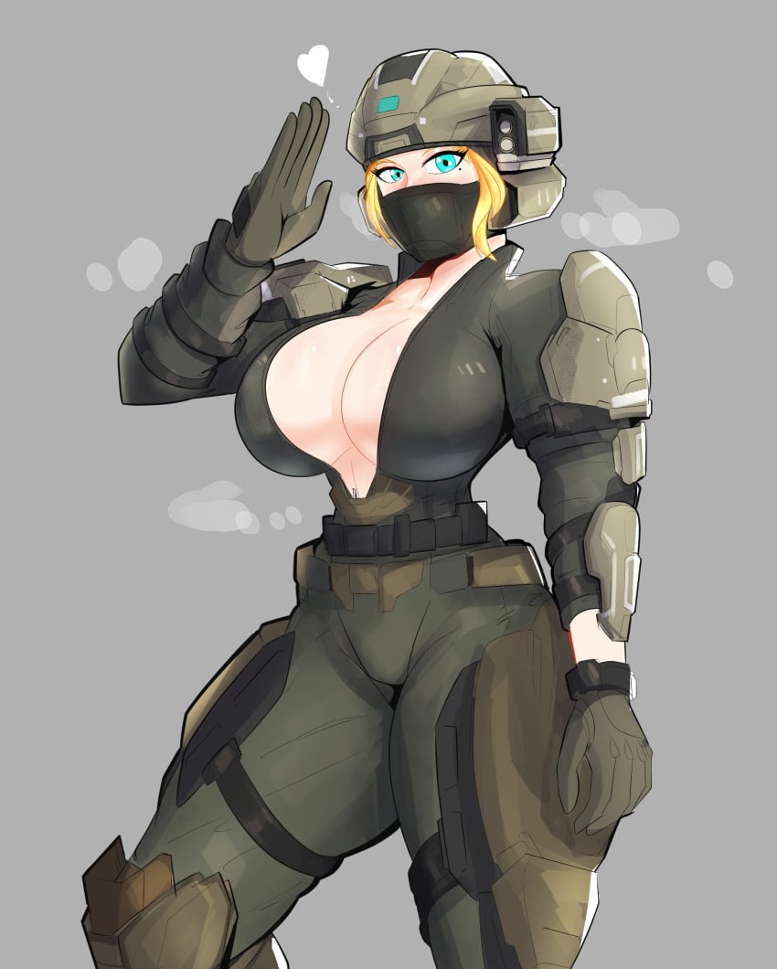 1girls breasts cleavage female female_only halo_(series) large_breasts light-skinned_female light_skin looking_at_viewer salute solo spartandoodles unsc unsc_marine unzipped