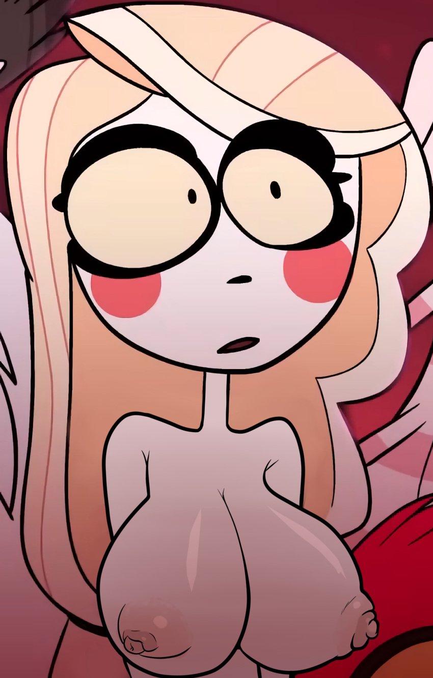 1girls breast charlie_morningstar charlie_morningstar_(hazbin_hotel) confused_expression demon demon_girl edit hazbin_hotel nipples screenshot_edit vivziepop white_skin