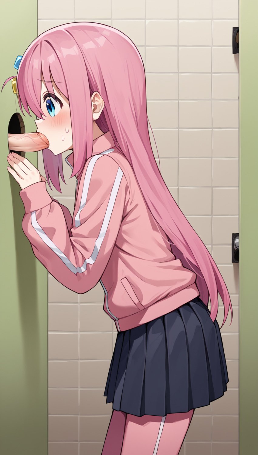 1boy 1girls ai_generated aivachan_ai bathroom bathroom_stall blue_eyes blush bocchi_the_rock! clothed_sex fellatio glory_hole gotou_hitori indoors nervous penis pink_hair skirt standing_fellatio track_jacket