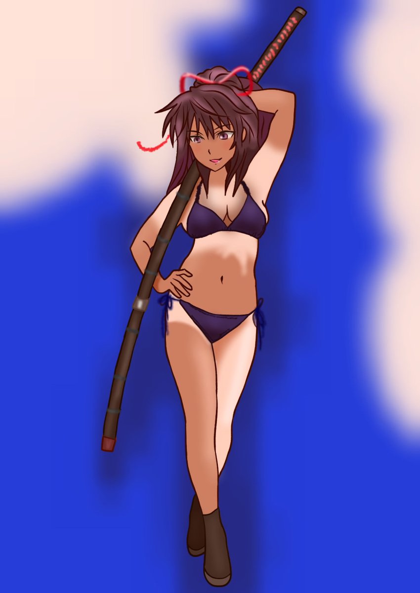 1girls arm_behind_head armpits big_breasts bikini breasts brown_eyes brown_hair busty character_request cleavage confident female female_only hand_on_hip highres large_breasts legs long_hair model_pose navel open_mouth ponytail pose posing purple_bikini sensual side-tie_bikini_bottom smile swimsuit sword thighs weapon