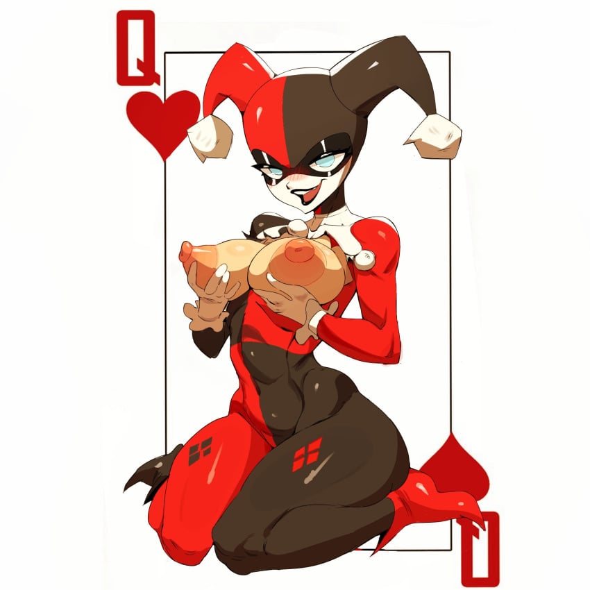 2024 batman_(series) black_lips black_lipstick blue_eyes blush breasts breasts_out dc dc_comics female female_focus female_only gloves harley_quinn harley_quinn_(classic) huhujujuy jester_hat jester_outfit nipples playing_card queen_of_hearts thick_thighs thighs white_background white_makeup