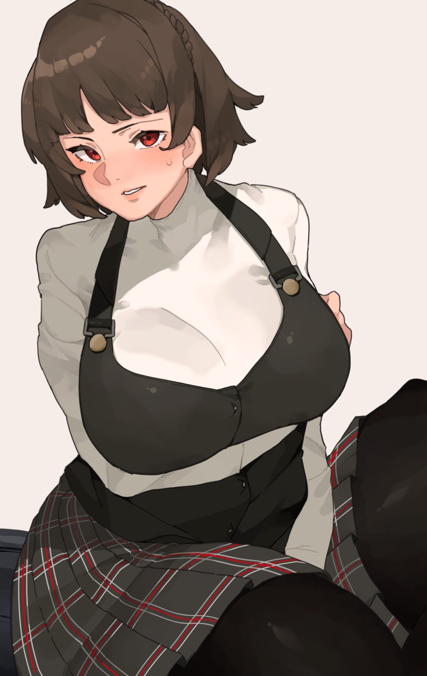 1girls alternate_breast_size arms_under_breasts black_pantyhose black_vest blush braid breasts brown_hair buttons crown_braid female highres large_breasts long_sleeves looking_at_viewer makingtawawa makoto_niijima medium_hair pantyhose persona persona_5 pleated_skirt red_eyes school_uniform shirt shuujin_academy_school_uniform simple_background sitting skirt solo sweat sweater thick_thighs thighs vest white_background white_sweater