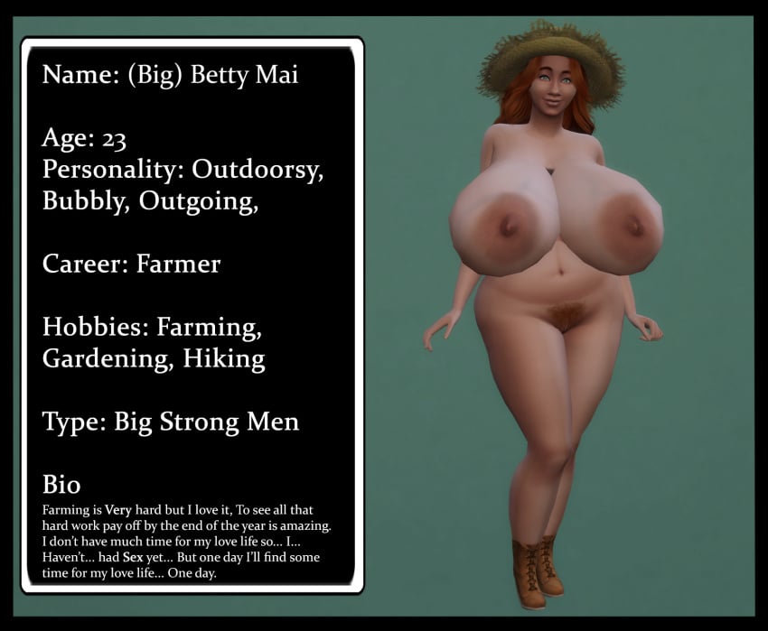 1girl bbw betty_mai big_breasts big_girl big_hips big_nipples character_sheet farmer farmgirl fat ginger ginger_hair hairy_pussy massive_breasts nude nude_female original_character sim_doe sims4 thick_thighs young_female