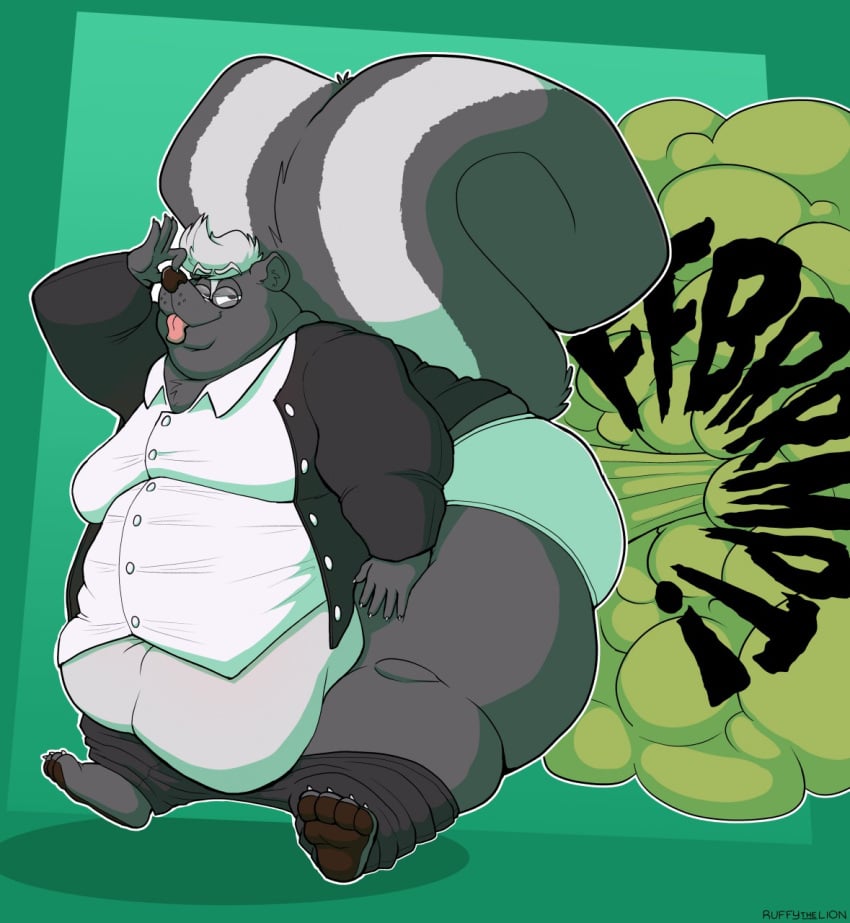 anthro ass big_butt clothed clothing covering_nose explosive_fart fart fart_fetish gassy hi_res huge_fart male mammal mephitid obese obese_anthro obese_male overweight overweight_anthro overweight_male raised_tail ray_rhythmus ruffythelion skunk skunk_tail smelly solo tail thick_tail thick_thighs tongue tongue_out