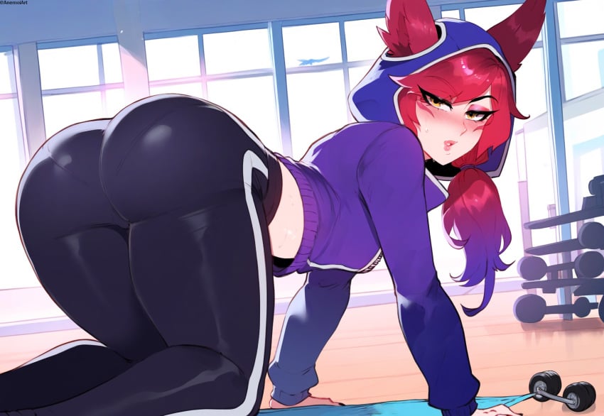 1female 1girls ai_generated all_fours anemoi ass ass_focus blush booty female gym gym_clothes gym_clothing gym_uniform hoodie jpeg league_of_legends leggings looking_at_viewer looking_back pantylines riot_games sportswear sweat sweatdrop sweating sweaty tight_clothes tight_clothing vastaya watermark workout_clothes workout_clothing xayah yoga_pants