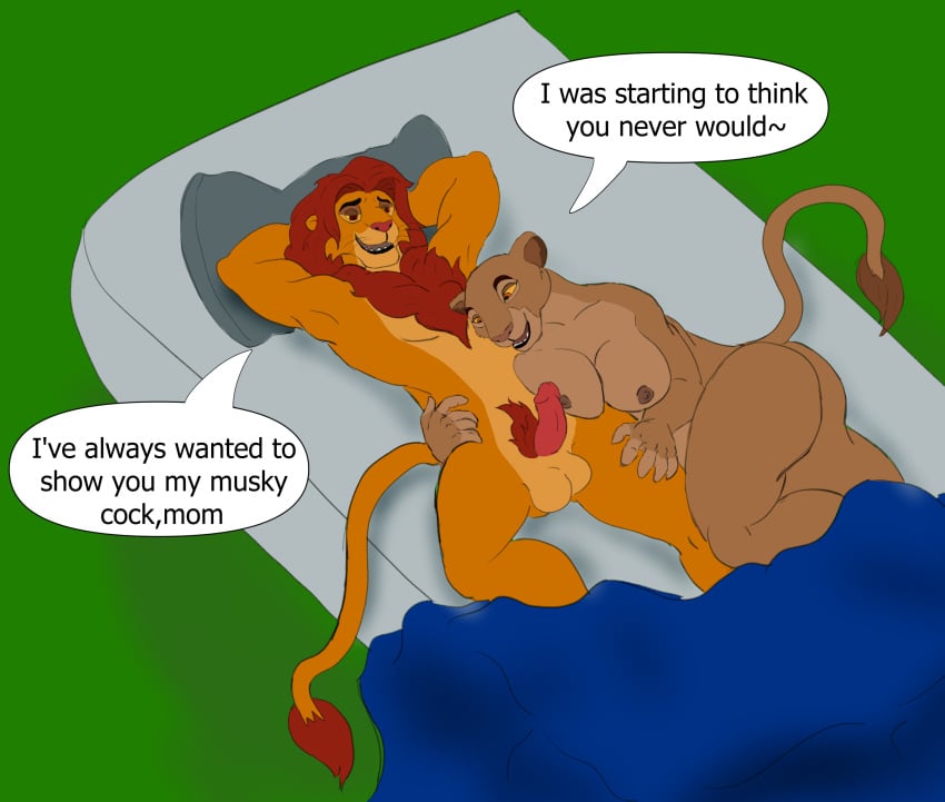 absurd_res anthro anthrofied balls big_breasts breasts dialogue disney duo felid female genitals hi_res humanoid_genitalia humanoid_penis idragonmoon_(artist) incest_(lore) lion lying male male/female mammal mother_(lore) mother_and_child_(lore) mother_and_son_(lore) nude on_back open_mouth open_smile pantherine parent_(lore) parent_and_child_(lore) parent_and_son_(lore) penis sarabi sarabi_(the_lion_king) simba simba_(the_lion_king) smile son_(lore) tail the_lion_king