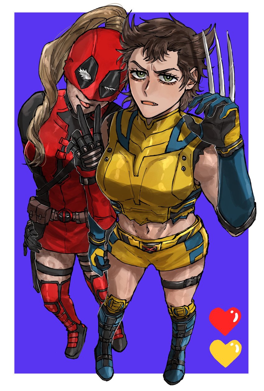 2girls :p adapted_costume arm_hug belt black_gloves blonde_hair boots breasts brown_hair claw_(weapon) clenched_hand deadpool_&_wolverine_(2024) full_body genderswap_(mtf) gloves green_eyes heart immjb5x8u9akn7a lady_deadpool looking_at_viewer marvel marvel_cinematic_universe marvel_comics mask mask_lift medium_breasts midriff multiple_girls navel one_eye_closed open_mouth ponytail purple_background red_mask rule_63 scar scars_all_over short_hair shorts sleeveless standing tongue tongue_out utility_belt v weapon wolverine_(x-men) x-men yellow_shorts yuri