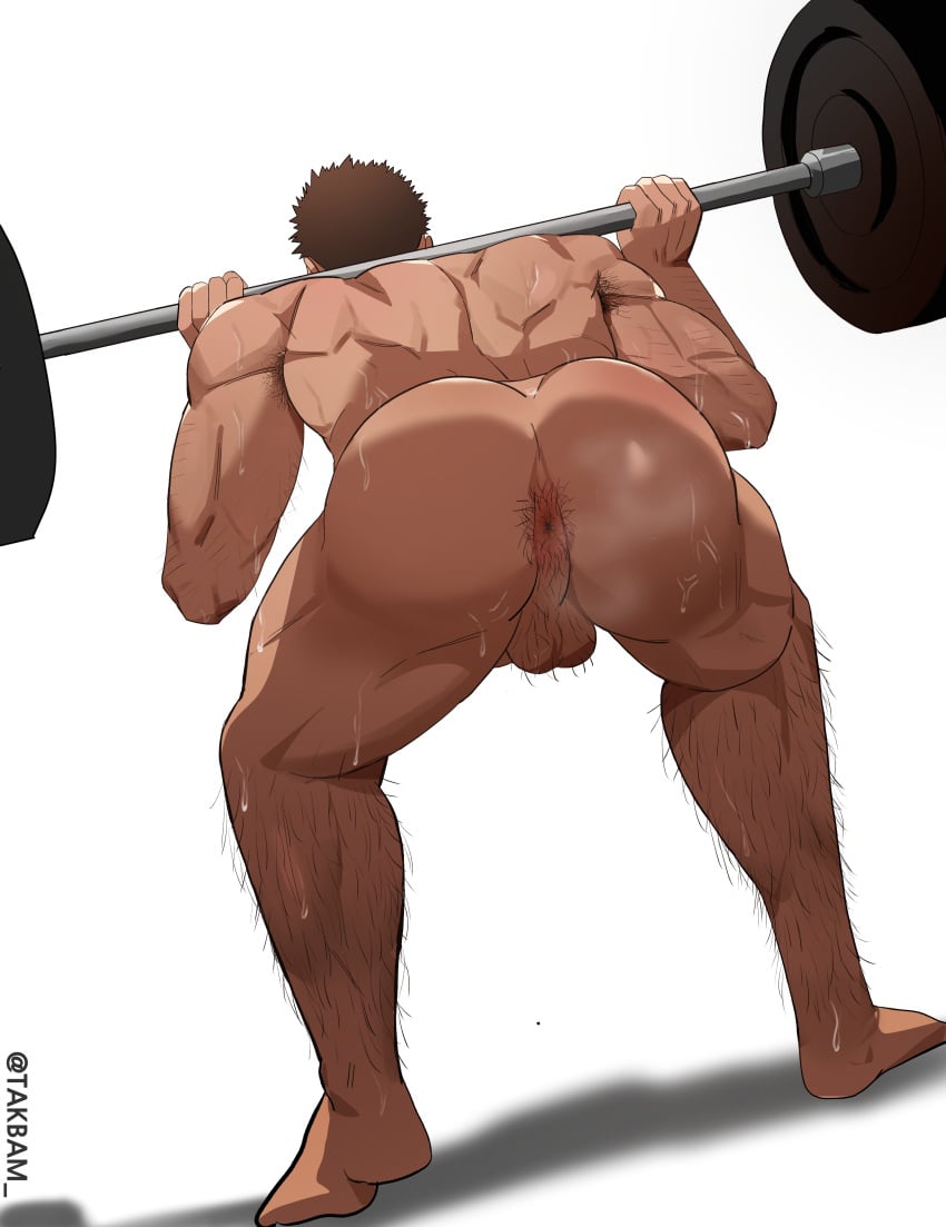 ass bara barbell brown_eyes brown_hair gay hair male male_only takbam weightlifting yaoi