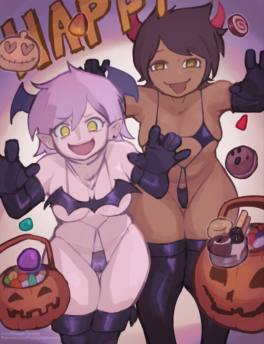 2girls amity_blight basket blush bra breasts candy canon_couple cleavage clothed clothing disney female female_focus female_only freddyhalloween halloween holidays horn horns leggings legs legwear luz_noceda panties pumpkin the_owl_house underwear wahuku18 yuri