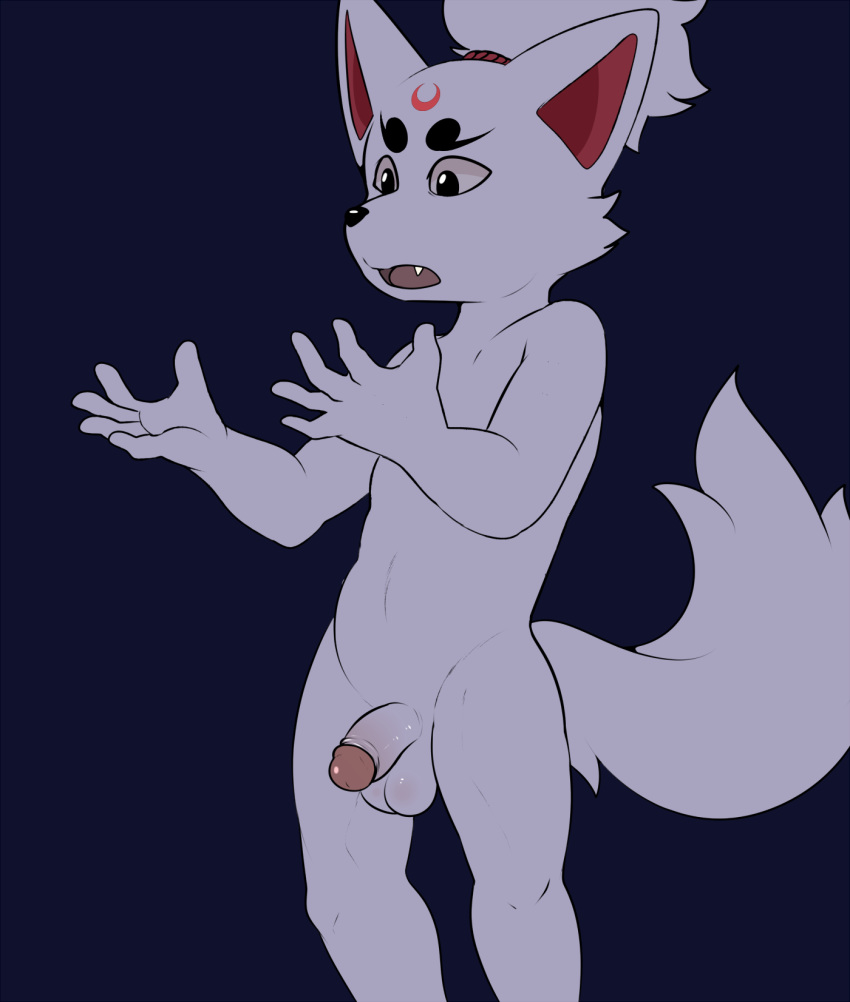 alternate_version_available anthro balls canine cute_fangs eroborus fox half-erect hi_res humanoid_penis kitsune_(ero) male male_only mammal open_mouth penis simple_background solo standing stare surprise