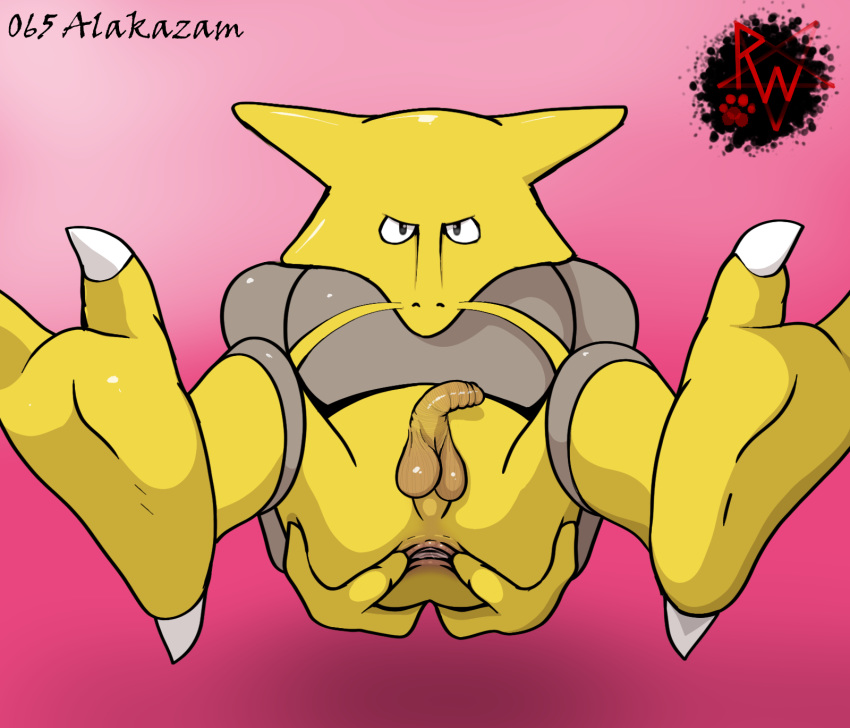 1boy 2020 2020s alakazam anus ass digital_media_(artwork) eye_contact feet flaccid furry generation_1_pokemon half-closed_eyes hi_res looking_at_viewer male male_only mammal nintendo penis pokémon_(species) pokemon pokemon_rgby rapistwerewolf simple_background small_penis solo spread_anus spreading testicles text video_games watermark