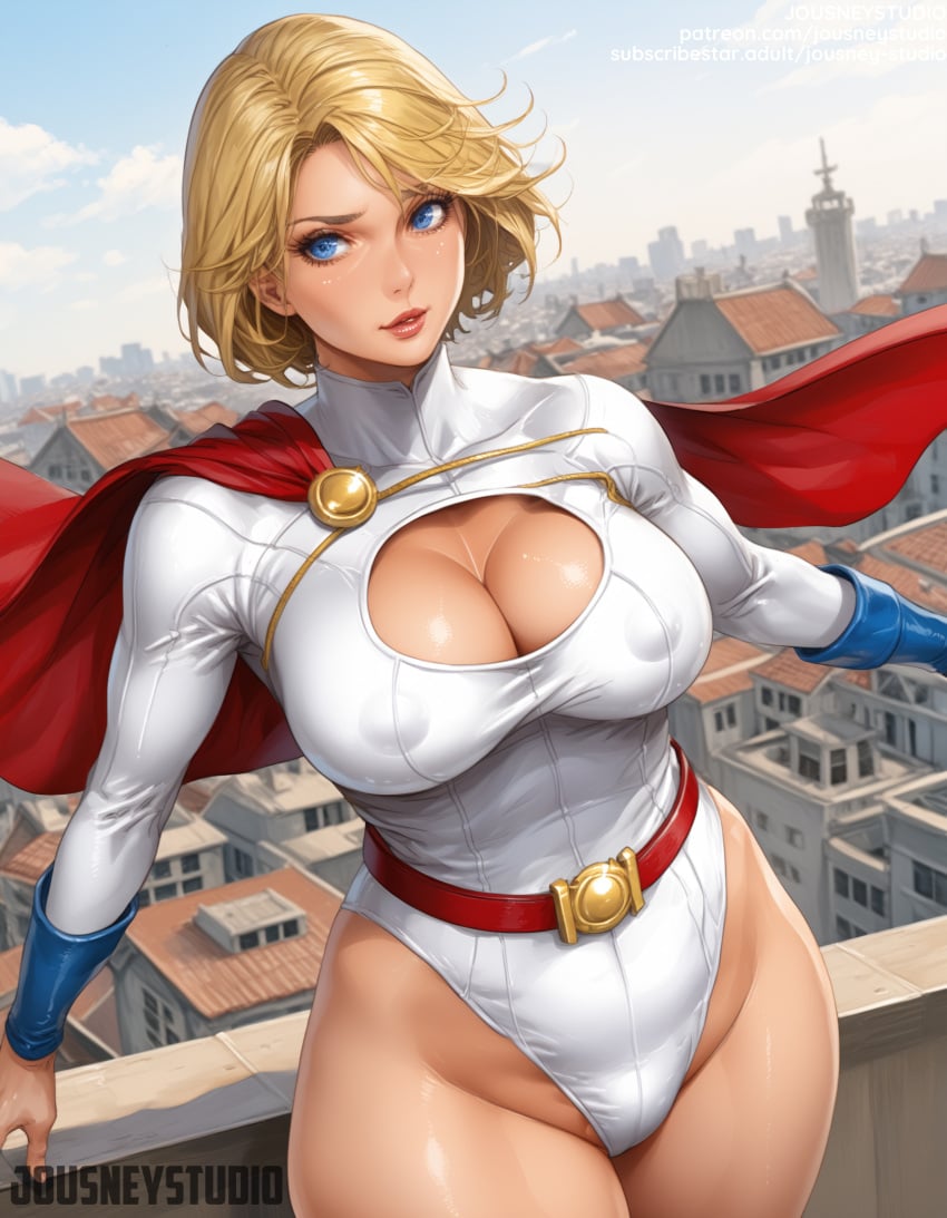 ai_generated bangs belt blonde_hair blue_eyes blue_gloves blue_sky breasts building cape city cleavage cleavage_cutout clothing clothing_cutout cloud cloudy_sky covered_navel day dc_comics female female female_only gloves highleg highleg_leotard jousneystudio karen_starr karen_starr large_breasts leotard lips long_sleeves looking_at_viewer outdoors parted_lips power_girl red_cape shiny shiny_skin short_hair sky smile solo standing superhero superheroine superman_(series) thick_thighs thighs turtleneck white_leotard wide_hips