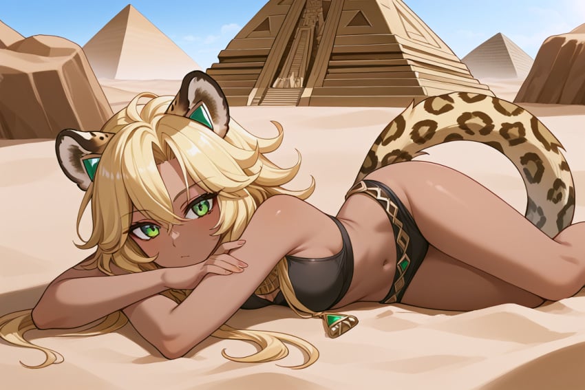 afalyca ai_generated animal_ears animal_tail bikini black_bikini black_underwear blonde_hair blonde_hair breasts dark-skinned_female dark_skin desert genshin_impact green_eyes hoyoverse leopard leopard_ears leopard_tail looking_at_viewer lying medium_breasts pyramid sand tail underwear xilonen_(genshin_impact) yellow_hair