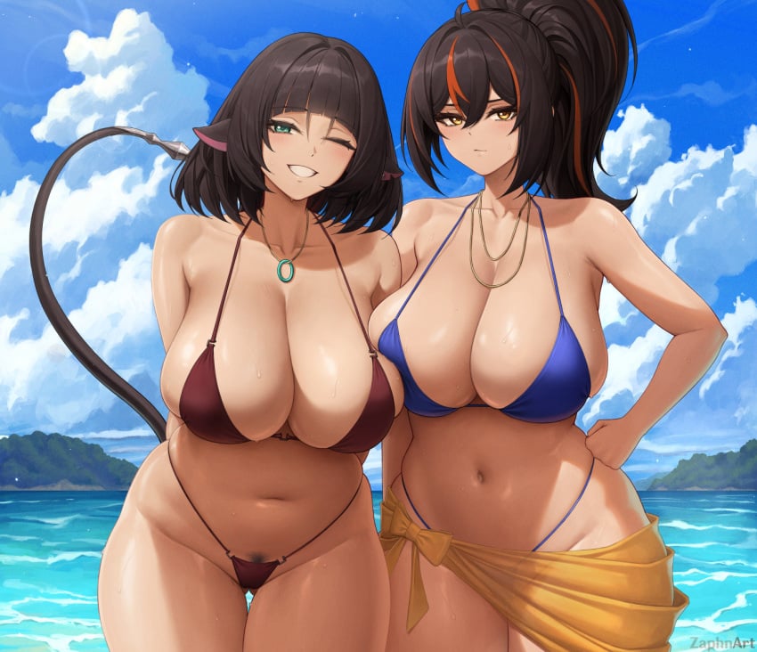 2girls animal_ears aqua_eyes aqua_hair ass beach big_ass big_thighs bikini blush breasts butt female female_focus female_only gigantic_ass gigantic_breasts gigantic_thighs huge_ass huge_breasts huge_thighs jane_doe_(zenless_zone_zero) light-skinned_female looking_at_viewer pierced_ears piercing pubic_hair short_hair tagme tail thick_hips thick_thighs thighs zaphn zenless_zone_zero zhu_yuan