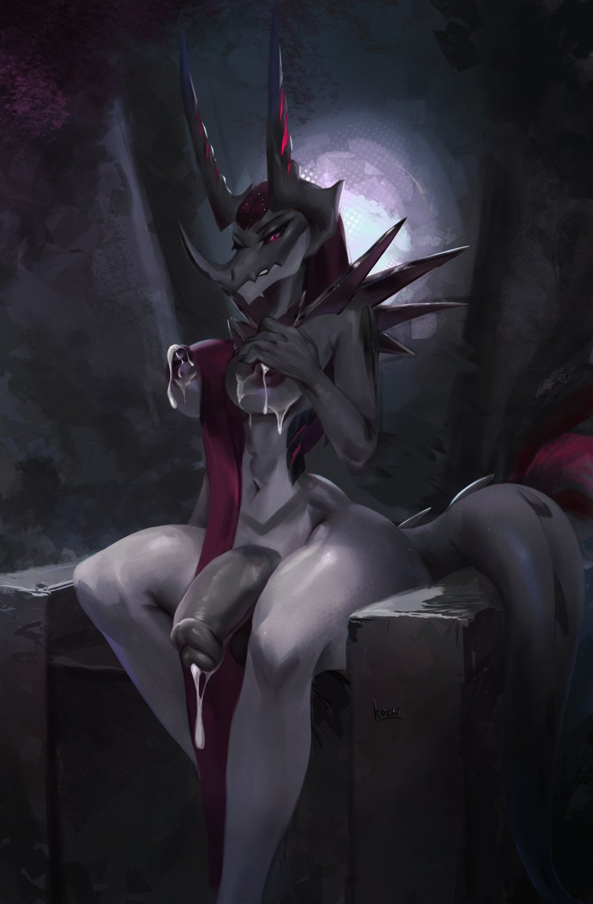 anthro big_breasts cum dragon dragon_girl dragon_horns dragon_tail dragon_wings furry futanari grey hi_res hips intersex kochinsfw milking milking_breasts penis penis_licking penis_out red_eyes red_hair scales scalie shahida_(kochinsfw) sperm