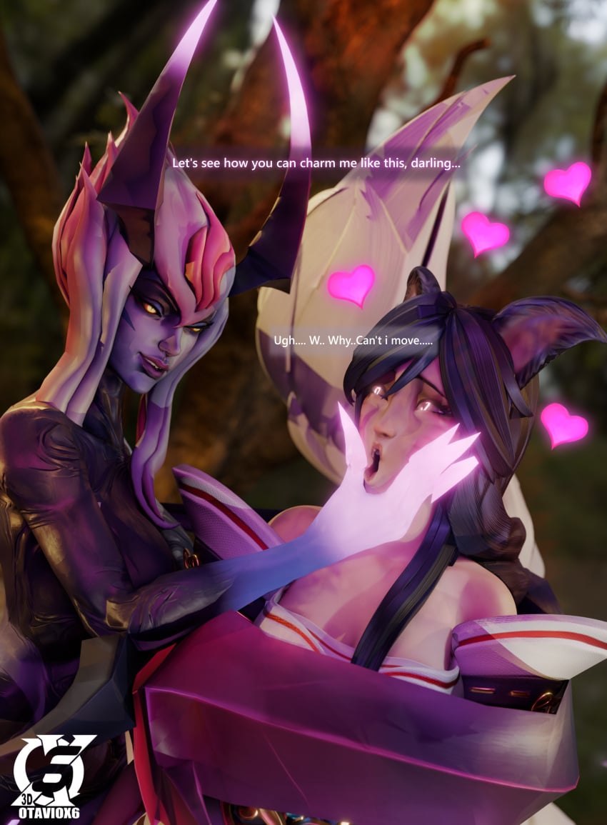 2girls 3d ahri animal_ears black_hair charmed evelynn face_squish femdom fox_ears grabbing_face league_of_legends otaviox6 riot_games shocked_expression succubus text yellow_eyes