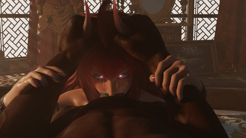 3d 3d_(artwork) ahoge bird3d blowjob cum_on_face dark-skinned_male deep_throat deepthroat demon_girl eye_contact glowing_eyes grabbing_horns horn_grab horns human human_penetrating naughty_face oral oral_sex pov red_hair saliva saliva_string saliva_trail seductive_eyes sinia sloppy succubus