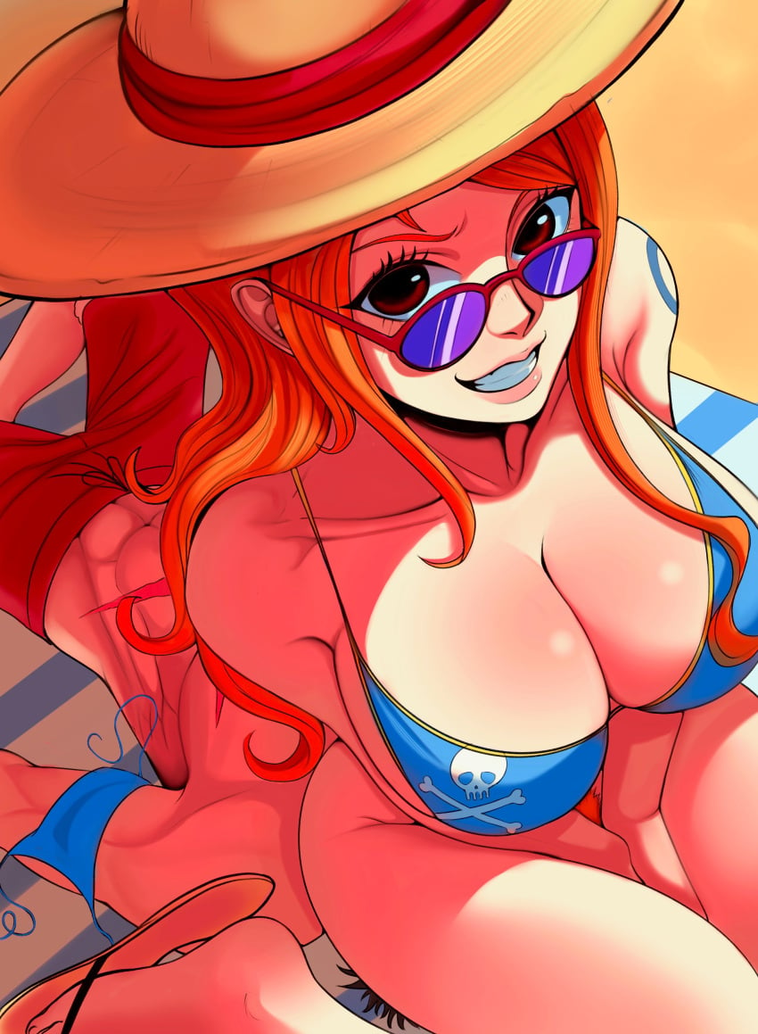 beach big_breasts bikini curvy_female curvy_figure female genial glasses legs male monkey_d_luffy nami one_piece oral orange_hair pubic_hair sitting sitting_on_face smile thick_thighs