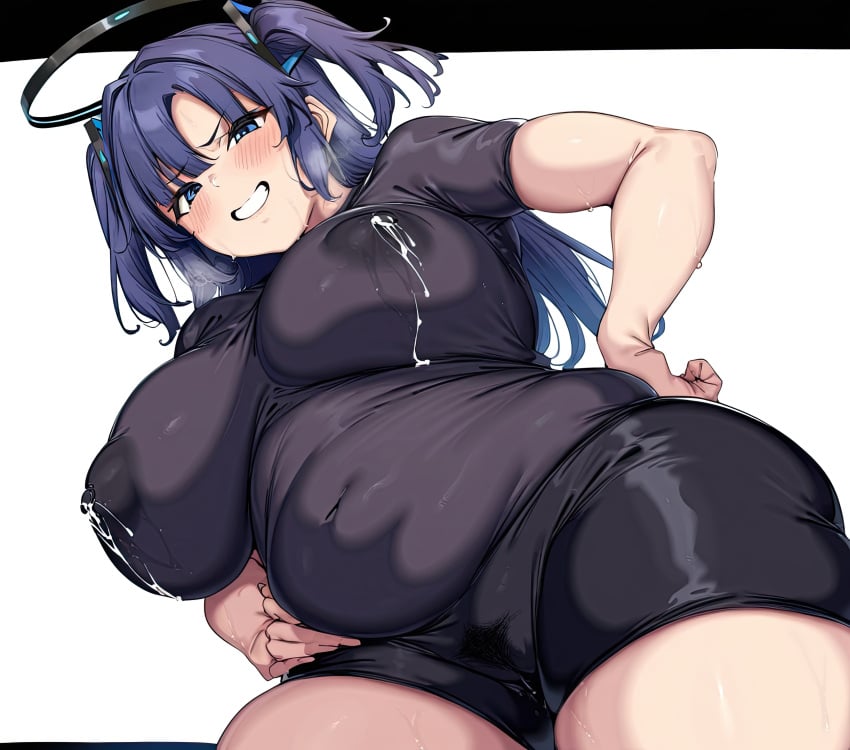 1girls ai_generated big_breasts blue_archive blue_eyes breasts deepjungle female female_focus lactation lactation_through_clothes large_breasts light-skinned_female plump purple_hair thick_thighs thighs twintails yuuka_(blue_archive)