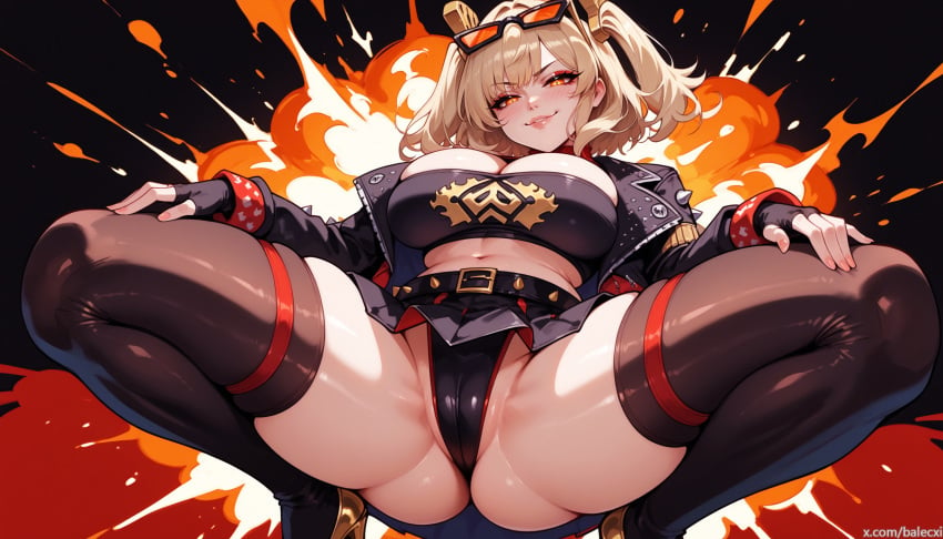 1girls ai_generated balecxi blonde_hair breasts burnice_white cameltoe explosion from_below high_heels large_breasts looking_at_viewer naughty_face panties partially_visible_vulva skirt smug solo spread_legs squatting sunglasses sunglasses_on_head thighhighs twintails two_side_up zenless_zone_zero