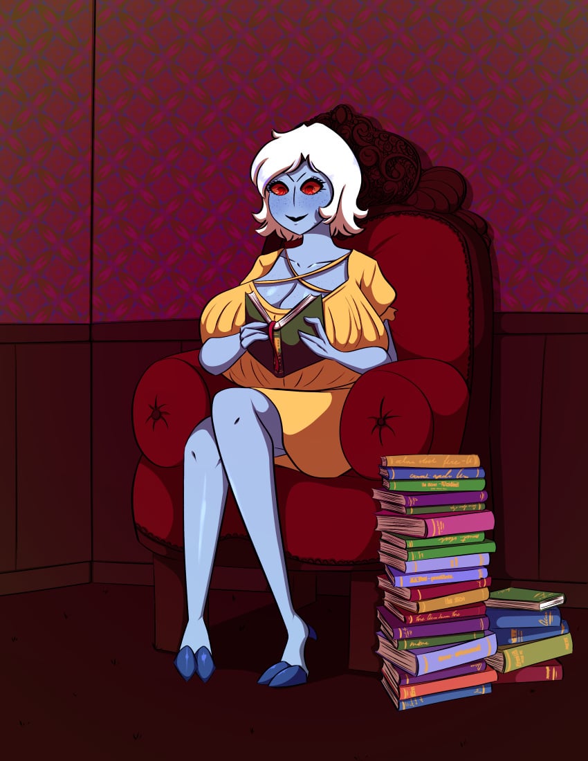 1girls alien alien_girl alien_humanoid big_breasts blue_skin boob_window breasts_bigger_than_head cleavage cleavage_window comfy couch dress female female_only freckles hooves hyper_breasts luxurious o'pai_(aquaterrius) pile_of_books reading reading_book red_eyes short_dress short_hair sitting smiling sofa solo solo_female solo_focus tau top_heavy warhammer_(franchise) warhammer_40k white_hair xenophilia yellow_dress