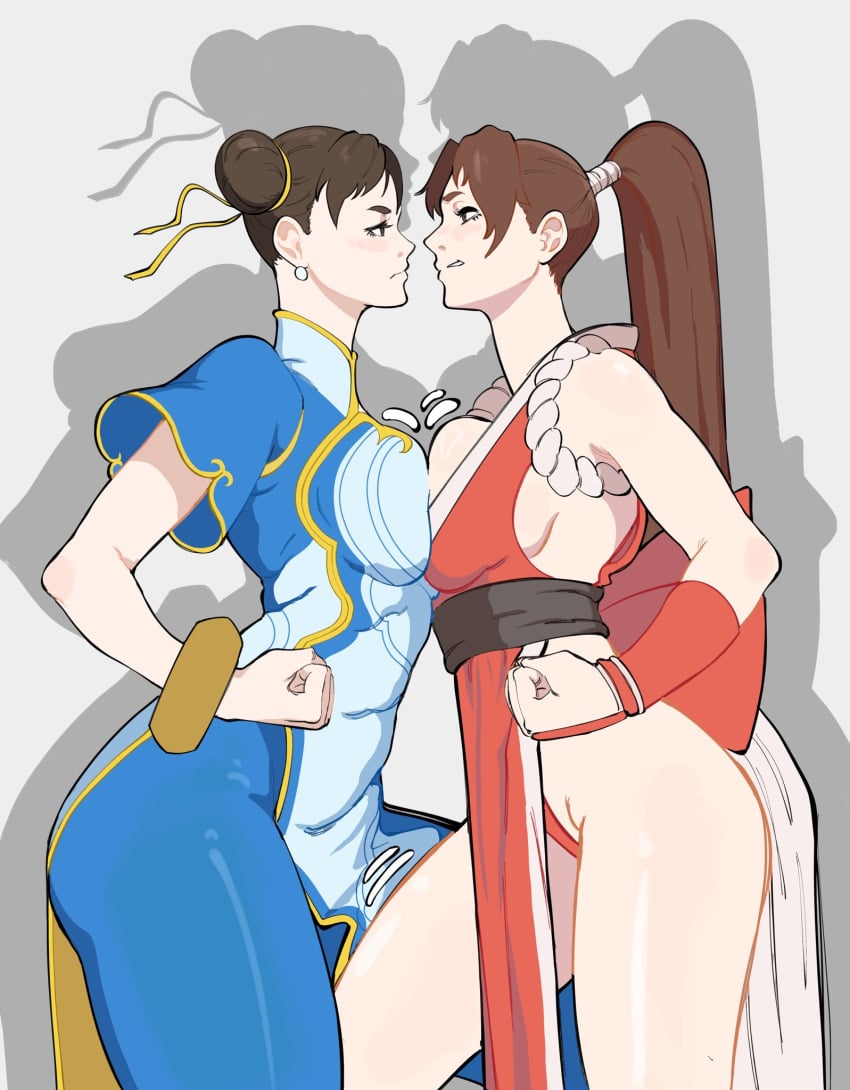 2girls akiman_pose breast_press breasts brown_eyes brown_hair catfight china_dress chinese_clothes chun-li clenched_hands commentary dress english_commentary hair_bun highres large_breasts long_hair looking_at_another mai_shiranui motoyui multiple_girls ninja octavius_(octavius_dp) ponytail rivalry shiranui_mai short_hair side_slit staredown staring street_fighter street_fighter_6 symmetrical_docking