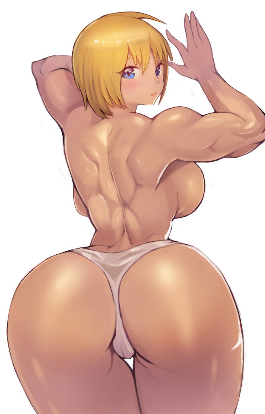 absurdres arched_back ass back backboob bare_back blonde_hair blue_eyes breasts female highres large_breasts looking_at_viewer looking_back muscle muscular_female panties short_hair simple_background solo sookmo thong topless underwear white_background