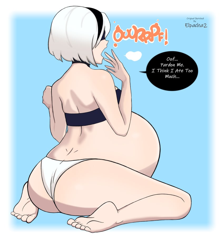 1girls ass bbw belly big_belly blindfold burp burping edit elpacha2 fat female hairband huge_belly light-skinned_female light_skin nier nier:_automata rear_view short_hair stuffed_belly white_hair wickedatlas yorha_2b