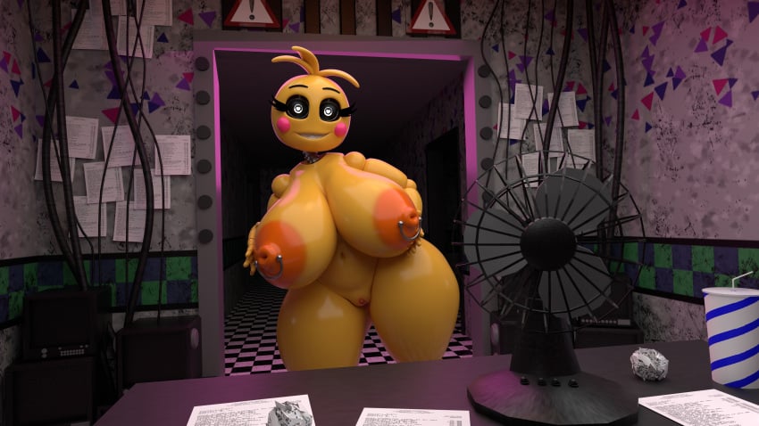 3d areolae azul_uwu big_breasts breasts female five_nights_at_freddy's five_nights_at_freddy's_2 hand_on_breast looking_at_viewer nipple_piercing nipples presenting_breasts pussy scottgames toy_chica_(fnaf) toy_chica_(love_taste) yellow_body