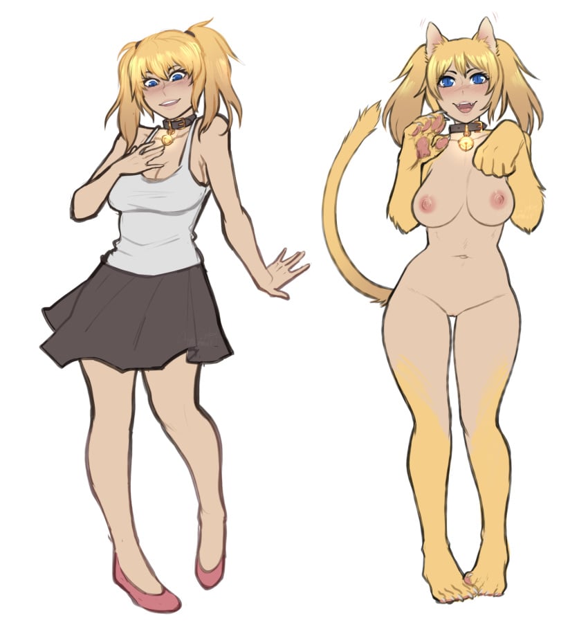 animal_humanoid bell_collar blonde_hair blue_eyes breasts clothing collar feline female hair happy human humanoid mammal navel nipples nude pussy shysiren signature simple_background skirt solo standing transformation white_background