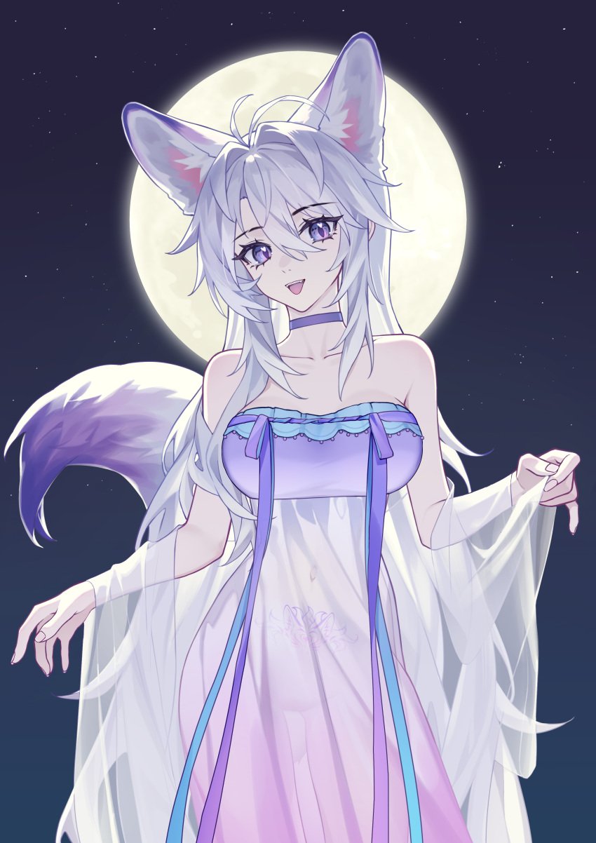 :d absurdres animal_ears bare_shoulders bottomless breasts choker cleavage collarbone commentary_request covered_navel cowboy_shot dress extra_ears female fox_ears fox_girl full_moon hair_between_eyes highres kirby_d_a large_breasts long_hair looking_at_viewer moon night night_sky nightgown open_mouth original pubic_tattoo pubic_tattoo_through_clothing purple_choker purple_eyes revision see-through_clothes see-through_dress sidelocks sky smile standing tail tattoo very_long_hair white_dress white_hair