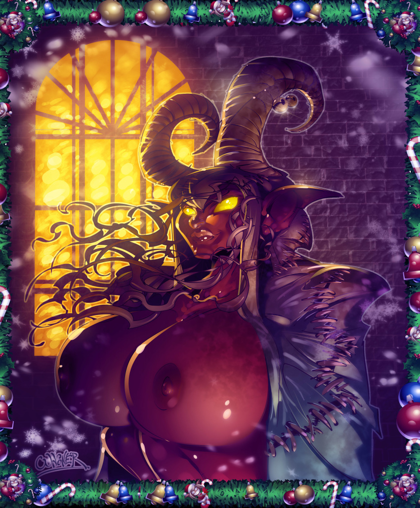 breasts christmas coat demon_girl demon_horns female horns krampus nipples red_skin rule_63 snow wagner