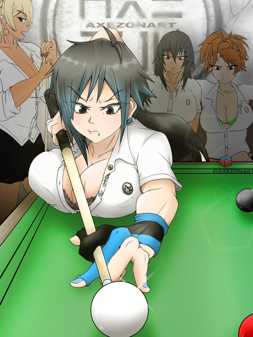 4girls axezon big_breasts cleavage female female_only g_(axezon) hi_res kaya_(axezon) large_breasts original pinky_(axezon) pool_(game) pool_ball school_uniform teenager yel_(axezon)