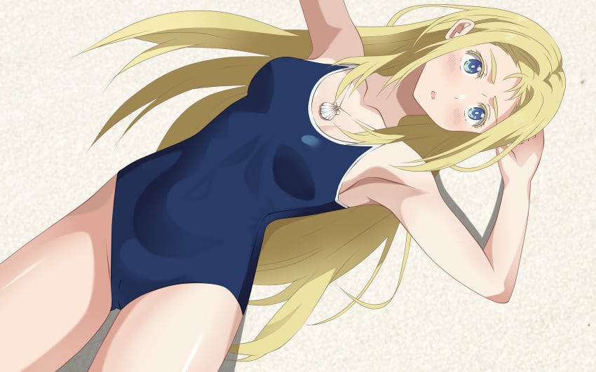 1girls blonde_hair blue_eyes blue_swimsuit cameltoe female_only kiniro_tofu kofune_ushio long_hair medium_breasts solo solo_female summer_time_render summertime_render swimsuit