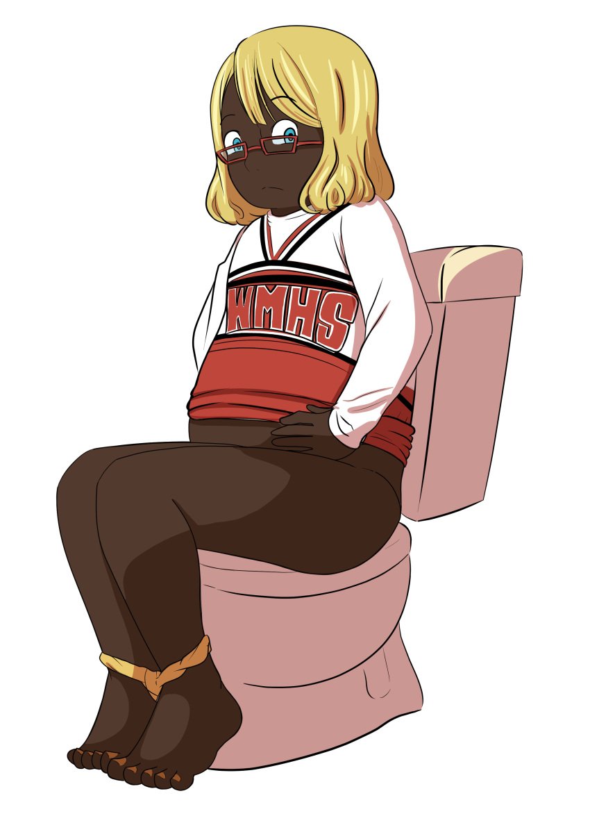 anonymous_artist barefoot becky_jackson blonde_hair blue_eyes cheerleader_uniform dark_skin dark_skinned_female glee nail_polish panties panties_down shoulder_length_hair toilet toilet_use yellow_nails yellow_panties