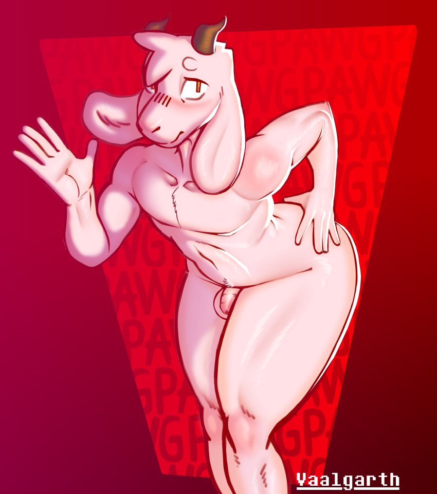 2024 anthro artist_name balls blush bovid caprine flaccid fur genitals gesture goat hair hand_on_hip hi_res horn long_ears male mammal nervous nude penis pose shaded simple_background solo solo_focus thick_thighs thompson_(vaalgarth) vaalgarth watermark waving white_body