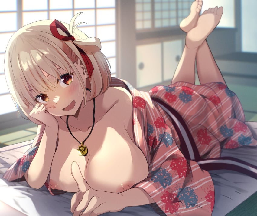 1girls :d barefoot blonde_hair blush breasts collarbone crossed_ankles elbow_rest feet feet_up floral_print hair_ribbon highres index_finger_raised japanese_clothes jewelry kimono large_breasts looking_at_viewer lycoris_recoil lying nipples nishikigi_chisato on_stomach one_side_up open_mouth pendant print_kimono red_eyes red_ribbon ribbon sliding_doors smile soles solo tatami the_pose toes tsumiki_mc yukata