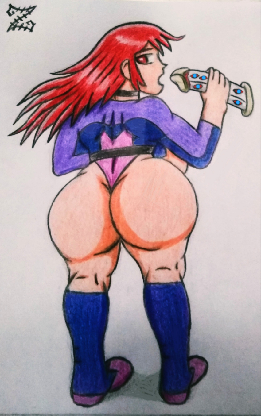 ass ass_bigger_than_head back_view big_ass big_booty big_butt boots chariot_du_nord dildo fat_ass fat_butt huge_ass huge_butt leotard little_witch_academia long_hair on_back open_mouth red_eyes red_hair thick_ass thick_thighs thighhighs thighs thong_leotard traditional_media_(artwork) z3t4dark