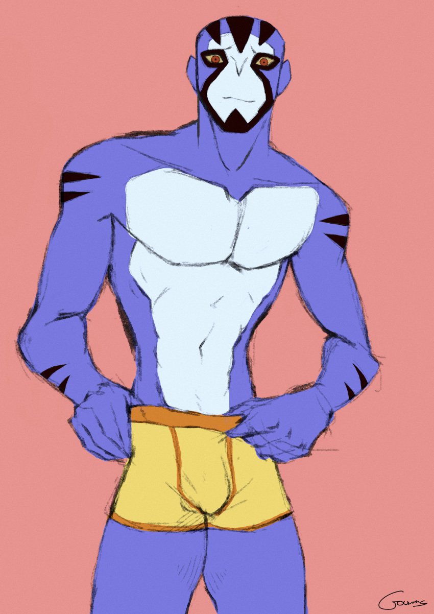 ben_10 ben_10_omniverse big_chest big_penis boxers bulge bulge_through_clothing cartoon_network gourms hot male male_only muscular muscular_male nervous nervous_smile pulling_pants_down rook_blonko shirtless shirtless_male six_pack underwear